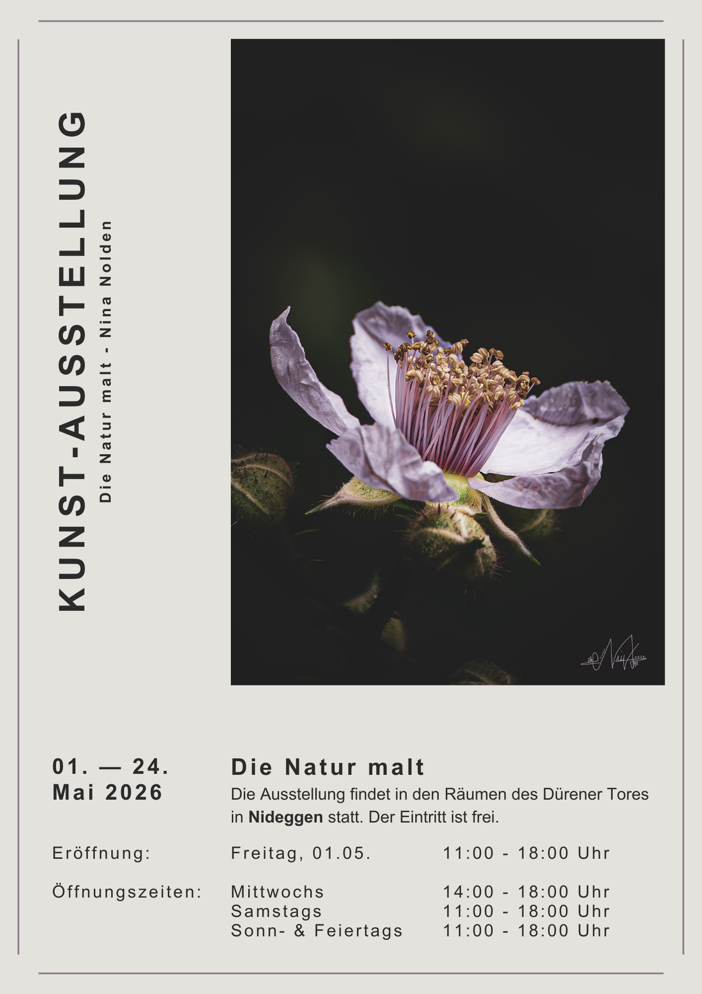 Plakat von Nina Nolden zur Ausstellung im Dürener Tor vom 1.5. - 24.5.2026.